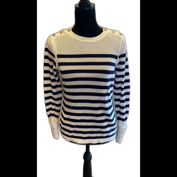 Tommy Hilfiger Sweater Size Medium Crewneck Black & White Striped Lightweight - Picture 2 of 10